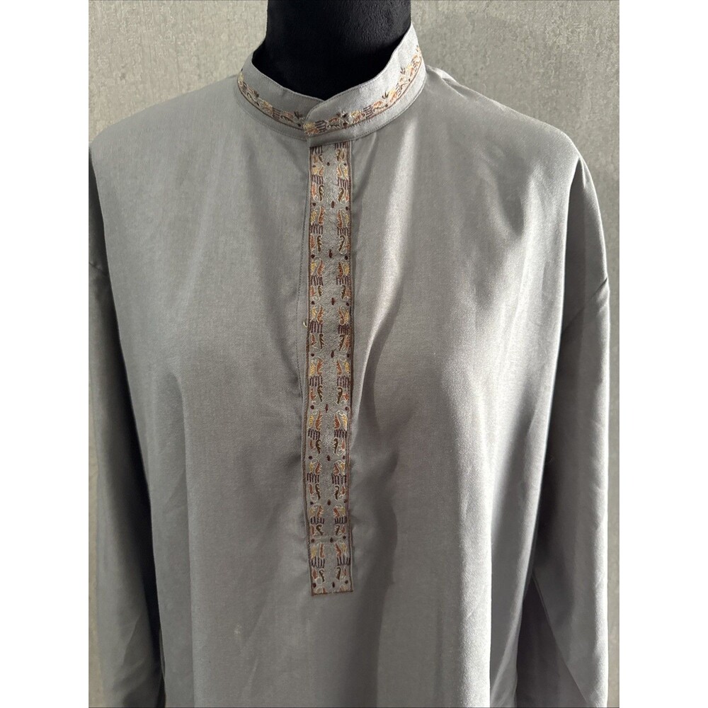 Vtg Galaxy Creations Embroidered Kurta Thobe Lounger Gray Boho Plus 2XL